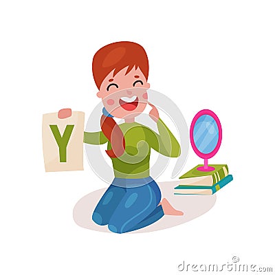 Smiling female speech therapist sitting on the floor showing letter Y, teacher working with children at kindergarten Vector Illustration