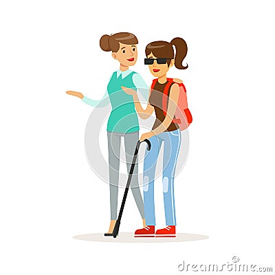 Smiling female volunteer helping and supporting blind woman, healthcare assistance and accessibility colorful vector Vector Illustration