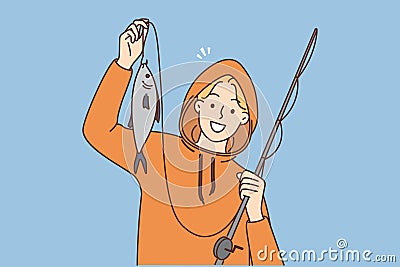 Smiling fisherman with fish in hands Vector Illustration
