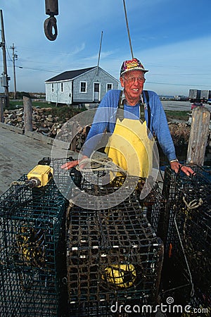 Smiling fisherman with lobster traps, Sakonnet, Rhode Island Editorial Stock Photo