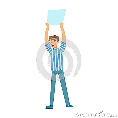 Smiling football fan character in blue holding blank banner over his head vector Illustration Vector Illustration