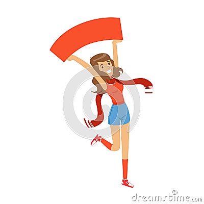 Smiling football fan girl character in red holding blank banner over her head vector Illustration Vector Illustration