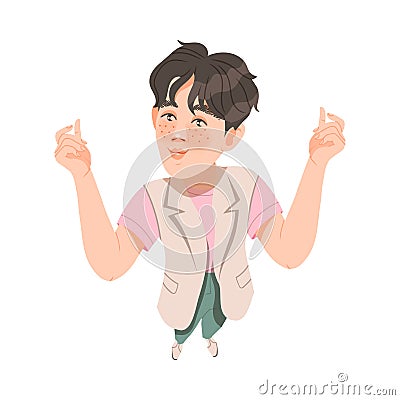 Smiling Freckled Man Looking Up Watching at Something and Snapping Fingers Above View Vector Illustration Vector Illustration