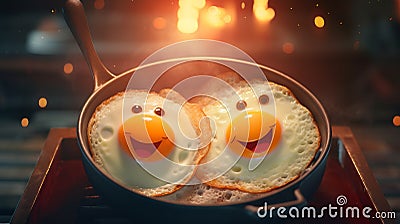 Smiling fried eggs in pan bathed in sunlight filling air with delightful breakfast aroma Stock Photo