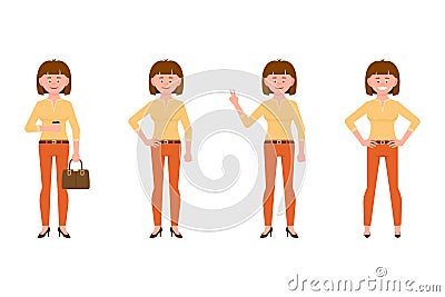 Smiling, friendly, brown hair young office woman in orange pants vector illustration Vector Illustration