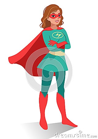 Smiling friendly confident young Caucasian woman in superhero co Cartoon Illustration