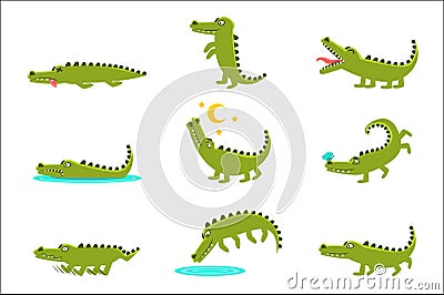 Smiling Friendly Crocodile Cartoon Character And Its Everyday Wild Animal Activities Set Of Illustrations Vector Illustration