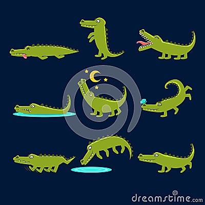 Smiling Friendly Crocodile Cartoon Character And Its Everyday Wild Animal Activities Set Of Illustrations Vector Illustration