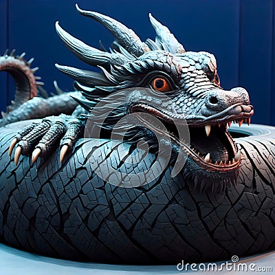 Smiling, friendly dragon made of car tires. Motorcycle tire. Auto Racing Symbol. Stock Photo