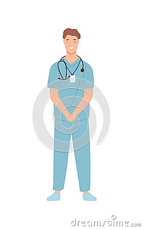 Smiling friendly guy surgeon standing in medical uniform vector flat illustration. Colorful young male doctor wearing Vector Illustration