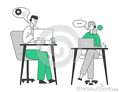 Smiling Friendly Male and Female Call Center Agents with Headset Working on Support Hotline in Office Helping Clients Vector Illustration