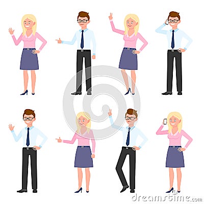 Smiling office man and woman vector illustration. Waving hand, talking on phone, standing side view boy and girl cartoon character Vector Illustration