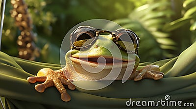 An smiling frog wearing sunglasses, casually lounging on an green hammock with a tropical backdrop Stock Photo