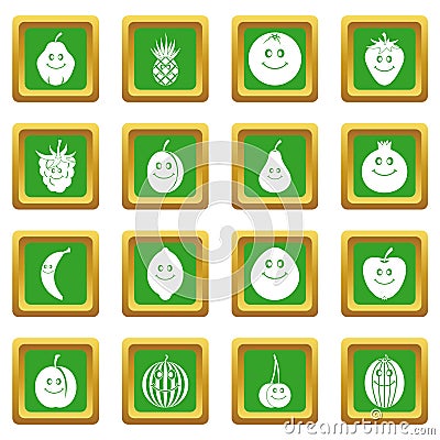 Smiling fruit icons set green Vector Illustration