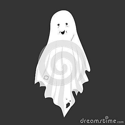 Smiling ghost in an old tattered sheet isolated on black background. Ghost vector logo. Modern pictogram for web Vector Illustration