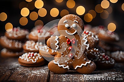 Smiling Gingerbread man cookies on magic festive Christmas background Stock Photo