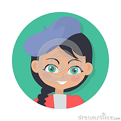 Smiling Girl with Black Braid and Forelock. Hat Vector Illustration