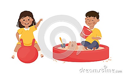 Smiling Girl and Boy in Sandpit and Bouncing on Ball Playing and Having Fun Vector Set Vector Illustration