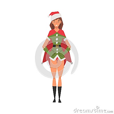 Smiling Girl Celebrating Christmas Wearing Red Santa Claus Dress and Hat Vector Illustration Vector Illustration