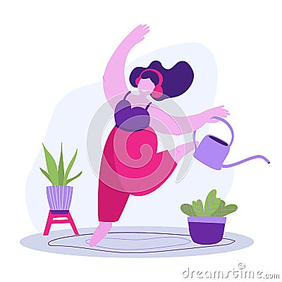 Smiling girl dances with headphones and watering flowerpots Vector Illustration