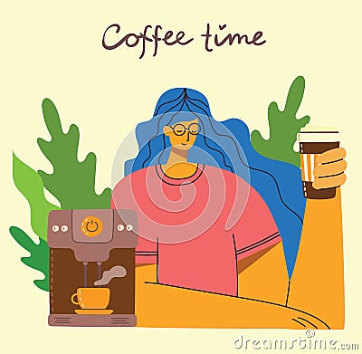 Smiling girl drinking coffee . Coffee time, break and relaxation vector concept cards. Vector illustration in flat design style Vector Illustration