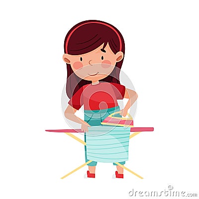 Smiling Girl Engaged in Housework Ironing Laundry Vector Illustration Vector Illustration