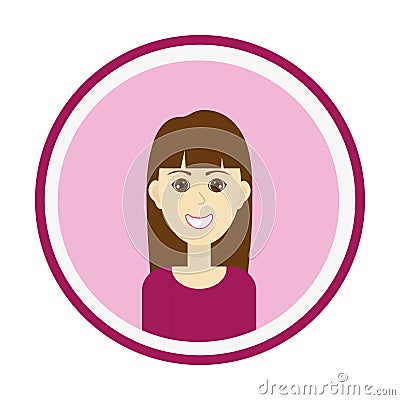 Smiling girl face with tresses brown long hair and forelock and brown eyes. Isolated vector illustration. Vector Illustration