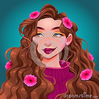 Smiling girl with flowers in her hair Vector Illustration