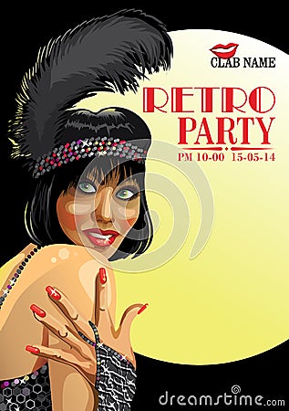 Smiling girl with hand.Retro party.Design Template Vector Illustration