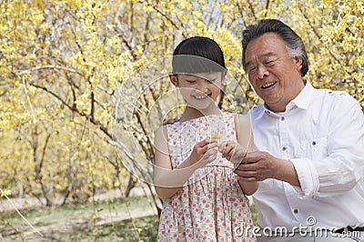 Smiling girl and her grandfather looking at a flower in the park in springtime Stock Photo