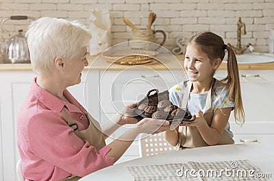 Smiling girl and her granny holding tray with fresh chocolate muffins at home Stock Photo