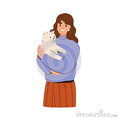 Smiling girl holding cute cat in hands. Happy woman and adorable kitty Vector Illustration