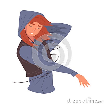 Smiling Girl in Hoodie Listening to Music with Earphones and Dancing, Happy Girl Using Smartphone or Audio Player Vector Vector Illustration