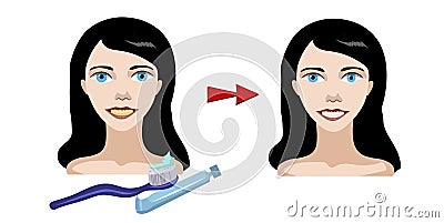 Smiling girl, how to brush your teeth. Yellow teeth become clean Vector Illustration