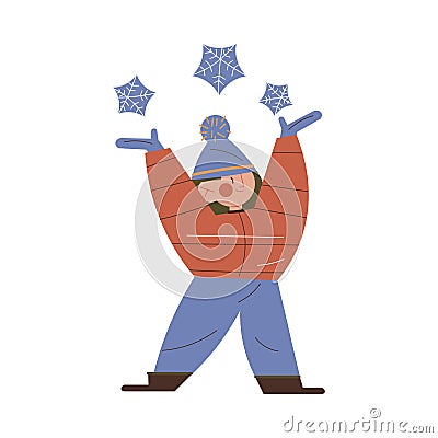 Smiling girl kid wearing warm jacket, cap and mittens catching snowflakes Vector Illustration