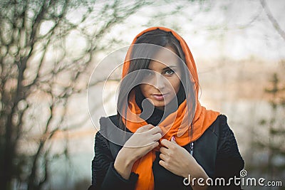 Smiling girl in orange hijab in Dubai Spring Stock Photo