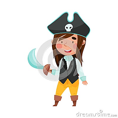 Smiling Girl in Pirate Costume Standing with Sword and Hat with Skull Vector Illustration Vector Illustration