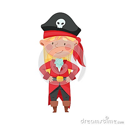 Smiling Girl in Pirate Costume Wearing Hat with Skull Vector Illustration Vector Illustration