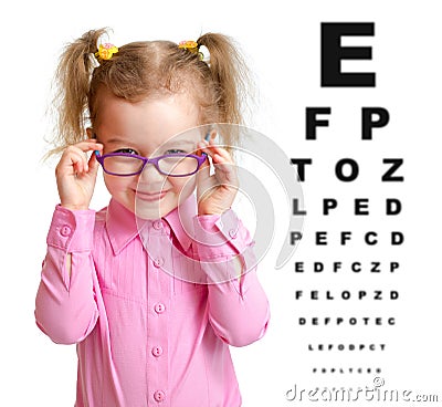 Smiling girl putting on glasses with blurry eye Stock Photo