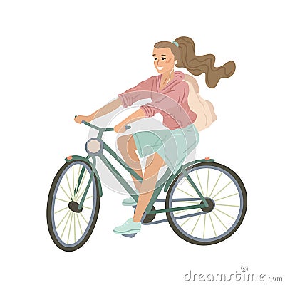 Smiling girl in riding retro bicycle with front headlamp. Vector illustration Vector Illustration