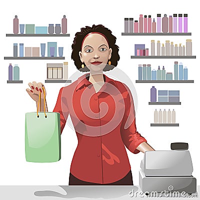 Smiling girl sales clerk holding a shopping bag. Vector Illustration