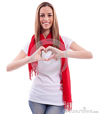 Smiling girl shows heart with hands Stock Photo