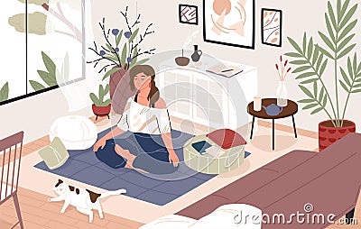 Smiling girl sitting cross-legged in her room or apartment, practicing yoga and enjoying meditation. Young woman with Vector Illustration