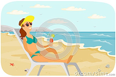 Smiling girl is sitting in sun lounger with cocktail and tanning. Woman is sunbathing at resort Vector Illustration