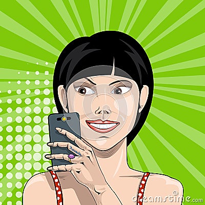 Smiling girl with smartphone in hand takes a selfie in comic style Vector Illustration