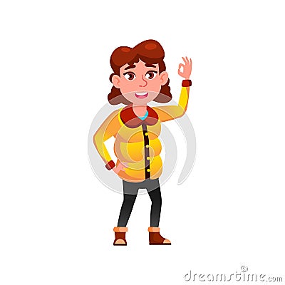smiling girl teen wearing autumn season clothing gesturing ok to friend cartoon vector Vector Illustration
