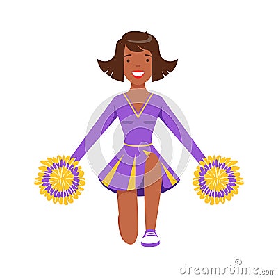 Smiling girl teenager dancing with colorful pompoms. Colorful cartoon character vector Illustration Vector Illustration