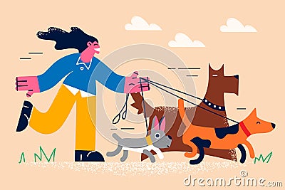 Smiling girl walking dogs on lead outdoors Vector Illustration