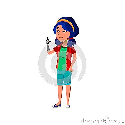 smiling girl waving with robotic hand prosthesis cartoon vector Vector Illustration