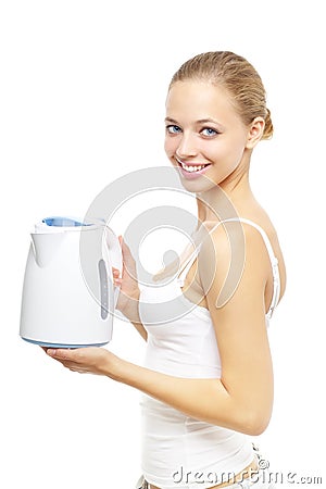 Smiling girl with white kettle on white Stock Photo